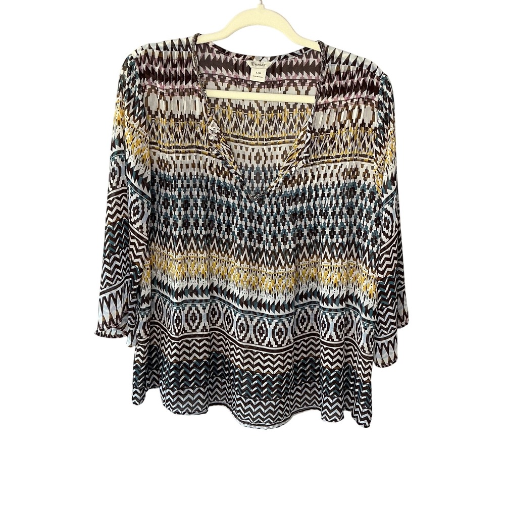Ariat Womens L Geometric Southwestern Beaded V-Neck Pleated Bell Sleeve Blouse